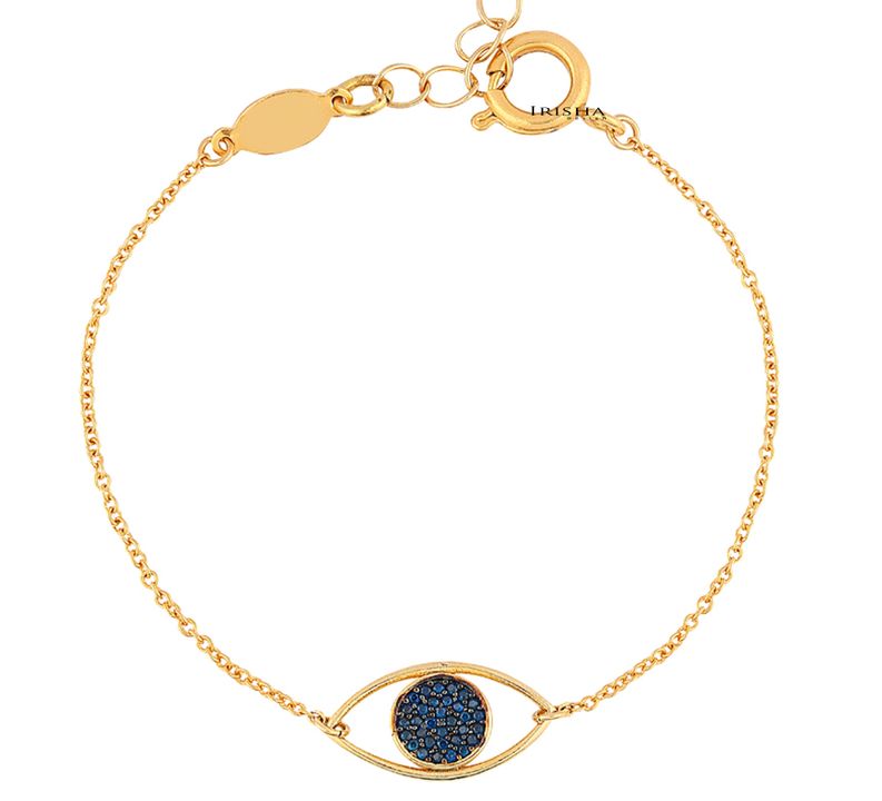 14K Gold 0.16 Ct. Genuine Sapphire Gemstone Evil Eye Charm Bracelet Fine Jewelry