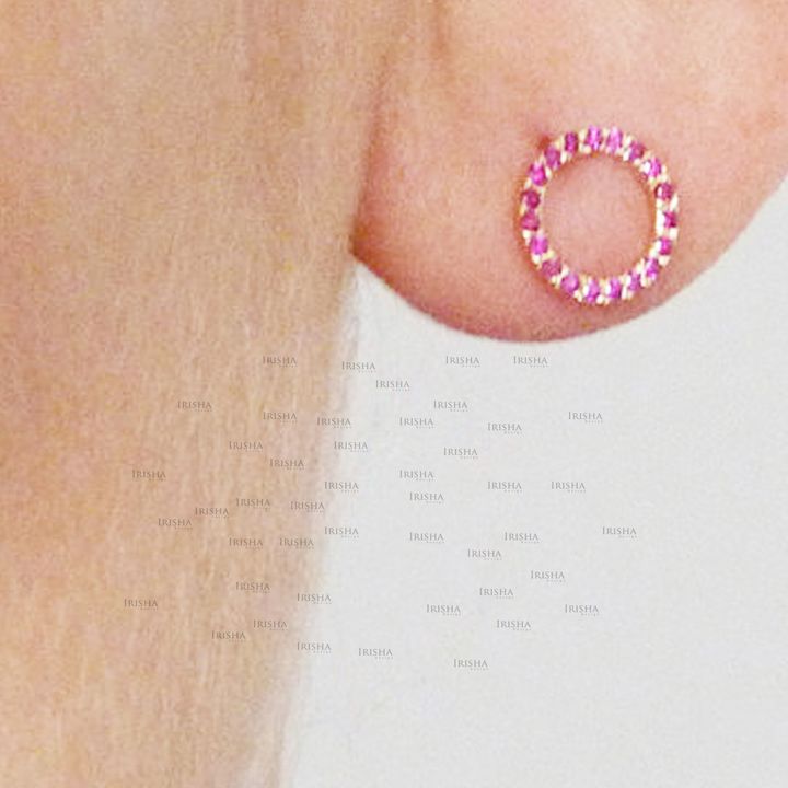 14K Gold 0.45 Ct. Genuine Ruby Gemstone Circle Studs Earrings Valentine's Gift