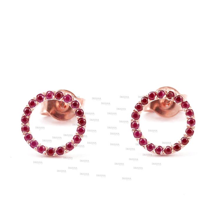 14K Gold 0.45 Ct. Genuine Ruby Gemstone Circle Studs Earrings Valentine's Gift