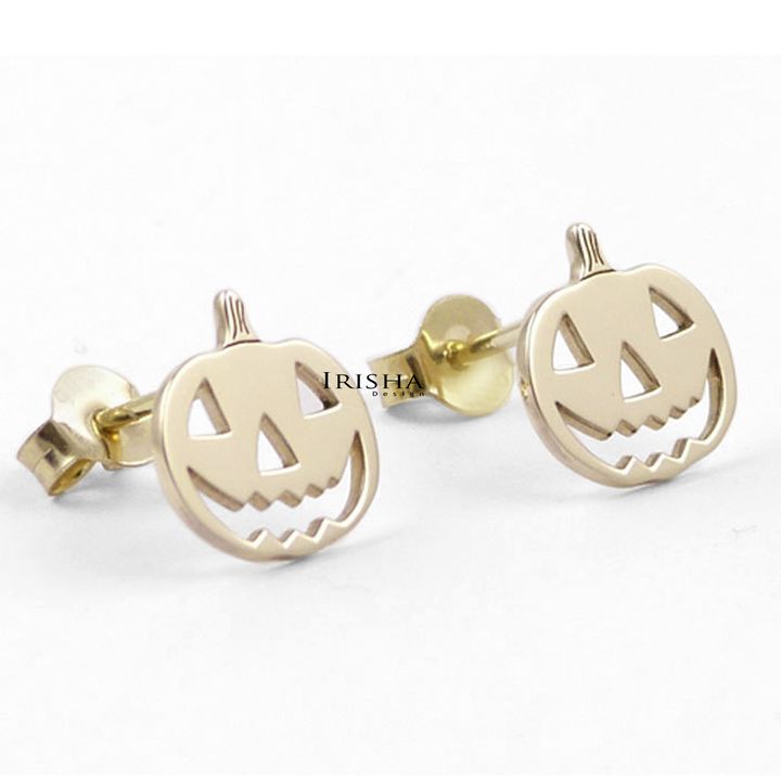 14K Solid Gold Pumpkin Studs Earrings Gift For Daughter Fine Jewelry