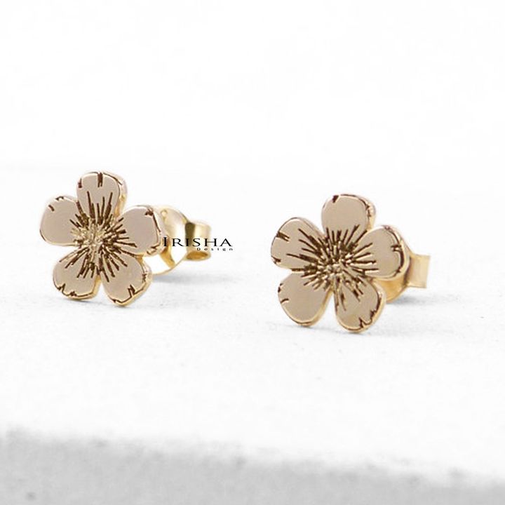 14K Solid Gold Minimalist Floral Style Studs Earrings Gift For Her Fine Jewelry