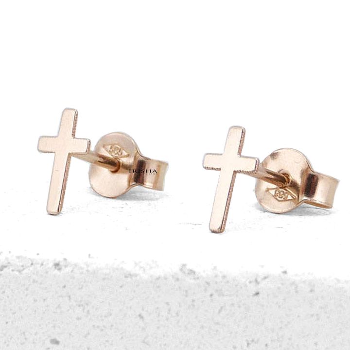 14K Solid Gold Dainty Jesus Piece Cross Studs Earrings Fine Minimalist Jewelry