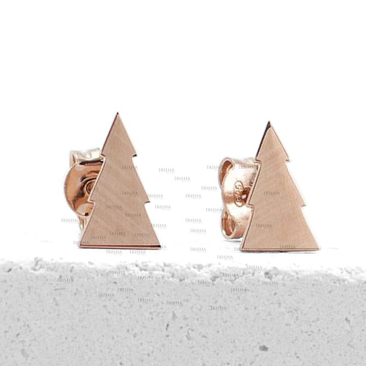 14K Solid Gold Christmas Tree Xmas Studs Earrings Jewelry Gift For Her