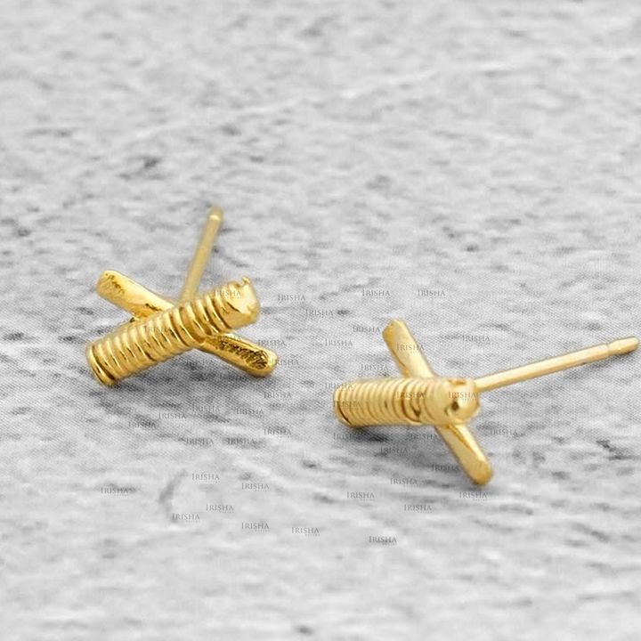 14K Solid Gold Wire Wrapped Tiny X Helix Studs Earrings Fine Jewelry Gift