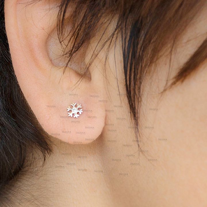 14K Gold 0.08 Ct. Genuine Diamond Tiny Snowflake Studs Earrings Fine Jewelry