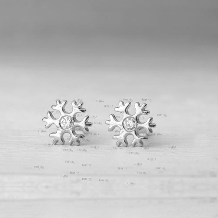 14K Gold 0.08 Ct. Genuine Diamond Tiny Snowflake Studs Earrings Fine Jewelry