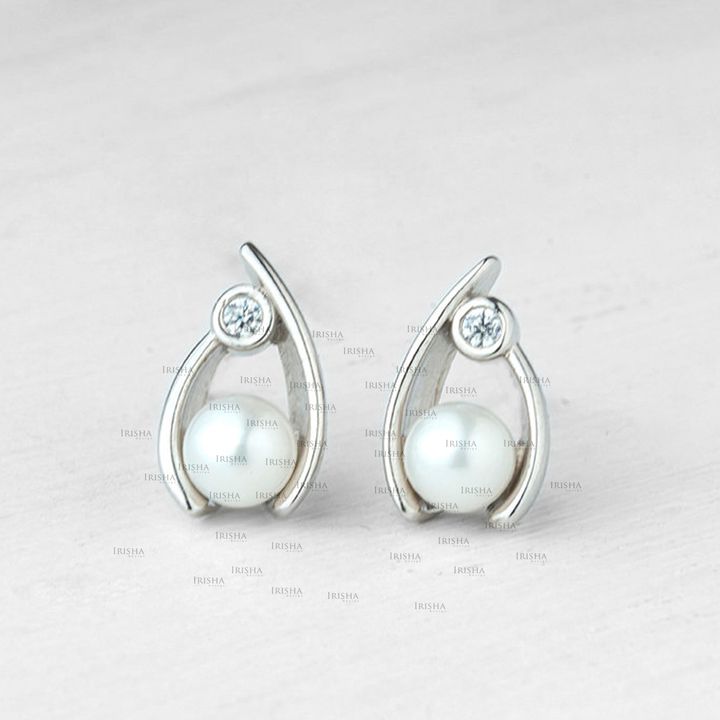 14K Gold Genuine Diamond And Freshwater Pearl Tear Shape Studs Earrings Jewelry