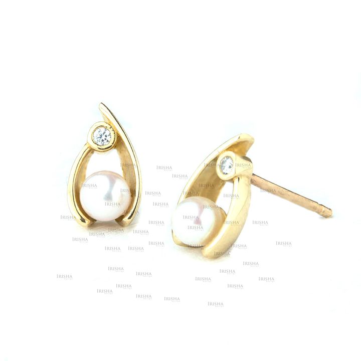 14K Gold Genuine Diamond And Freshwater Pearl Tear Shape Studs Earrings Jewelry