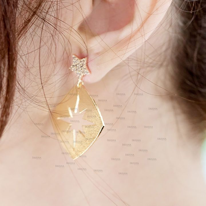 14K Gold 0.27 Ct. Genuine Diamond Star Starburst Drop Earrings Gift For Her