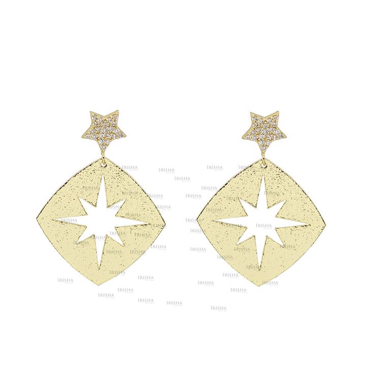 14K Gold 0.27 Ct. Genuine Diamond Star Starburst Drop Earrings Gift For Her