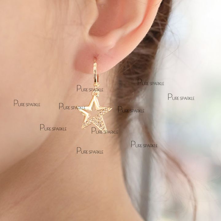 14K Gold 0.12 Ct. Genuine Diamond Star Hoop Earrings Fine Jewelry Gift For Her