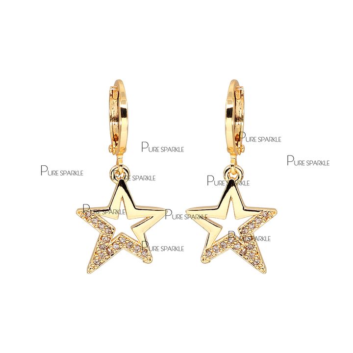 14K Gold 0.12 Ct. Genuine Diamond Star Hoop Earrings Fine Jewelry Gift For Her