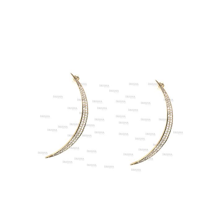 14K Gold VS Clarity Genuine Diamond Crescent Moon Long Stud Earring Fine Jewelry