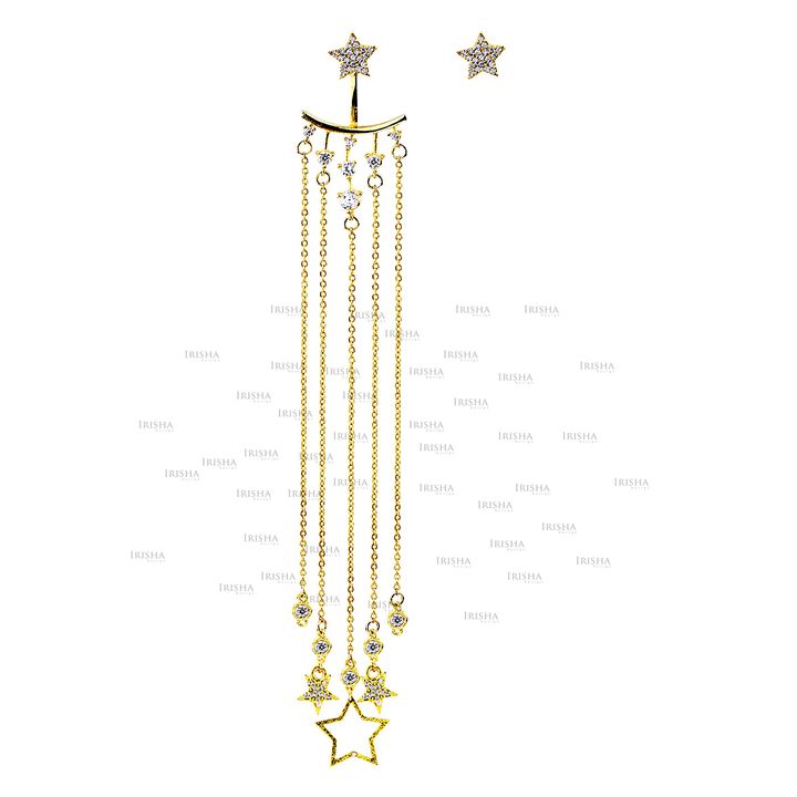 14K Gold 1.20 Ct. Genuine Diamond Star Charms Long Drop Chain Jacket Earrings