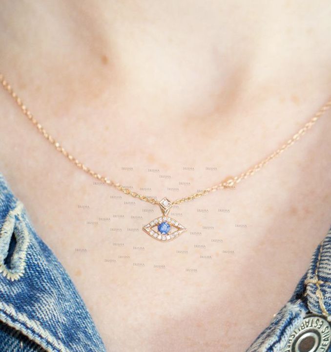 14K Gold Genuine Diamond-Blue Sapphire Evil Eye Pendant Necklace Fine Jewelry