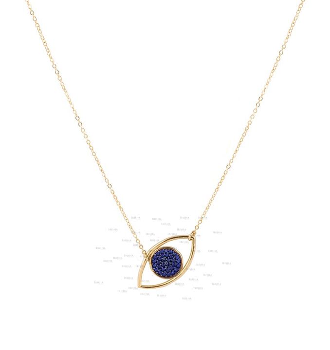 14K Gold 0.16 Ct. Genuine Sapphire Gemstone Evil Eye Charm Necklace Fine Jewelry