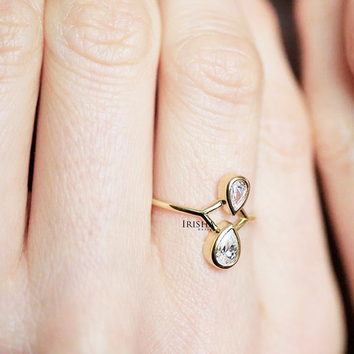 14K Gold VS Clarity F-G Color Genuine Two Pear Diamond Wedding Ring Fine Jewelry