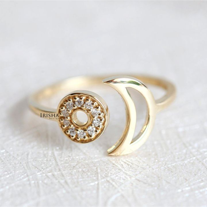 14K Gold 0.10 Ct. Genuine Diamond Crescent Moon Open Cuff Ring Size-3 to 8 US