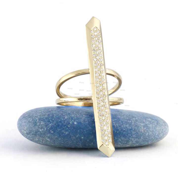 14K Gold 0.35 Ct. Genuine Diamond Long Bar Double Shank Statement Ring Jewelry