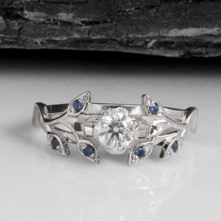 14K Gold Genuine Diamond-Blue Sapphire Gemstone Leaf Motif Ring Fine Jewelry