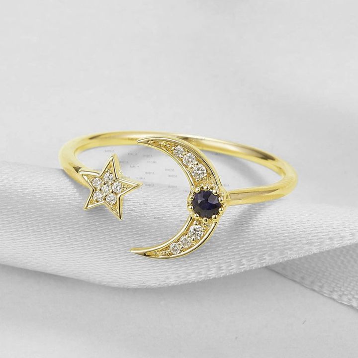 14K Gold 0.18 Ct. Genuine White-Black Diamond Crescent Moon Star Ring Jewelry