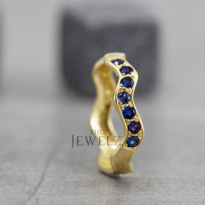 14K Gold 0.30 Ct. Genuine Blue Sapphire Gemstone Wave Design Valentine's Ring
