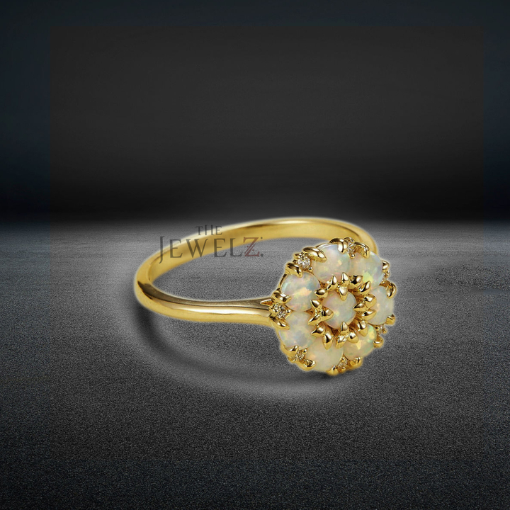 14K Gold Genuine Diamond And Opal Gemstone Dainty Engagement Ring Fine Jewelry