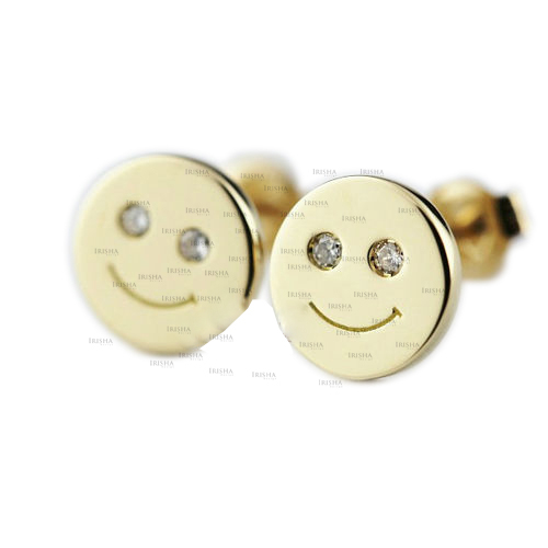 14K Gold 0.04 Ct. Genuine Diamond Happy Smiley Emoji Earrings Fine Jewelry