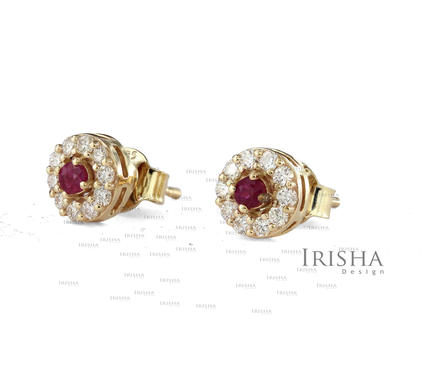 14K Gold Genuine Diamond And Ruby Gemstone Round Studs Earrings Fine Jewelry