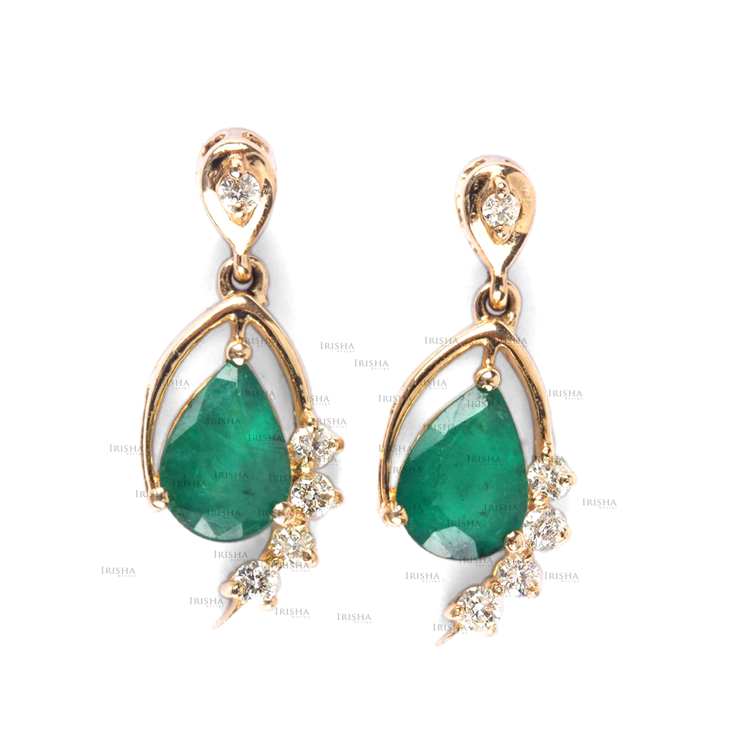 14K Gold Genuine Diamond And Pear Shape Emerald Gemstone Studs Fine Earrings