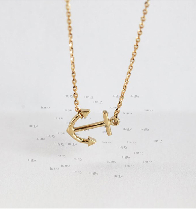 14K Solid Gold Sideways Anchor Charm Pendant Necklace Fine Jewelry