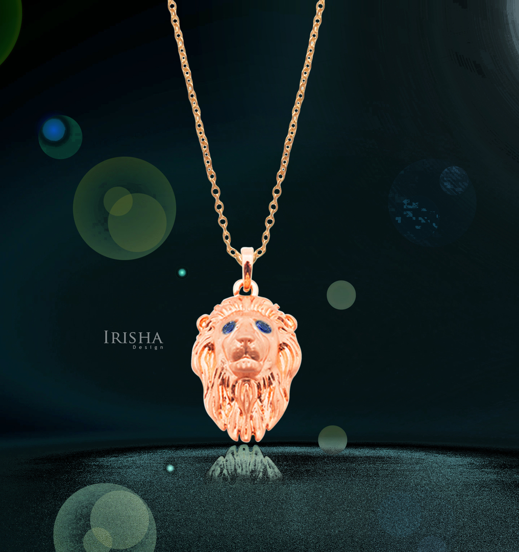 14K Gold 0.04 Ct. Genuine Blue Sapphire Lion Pendant Necklace Fine Jewelry