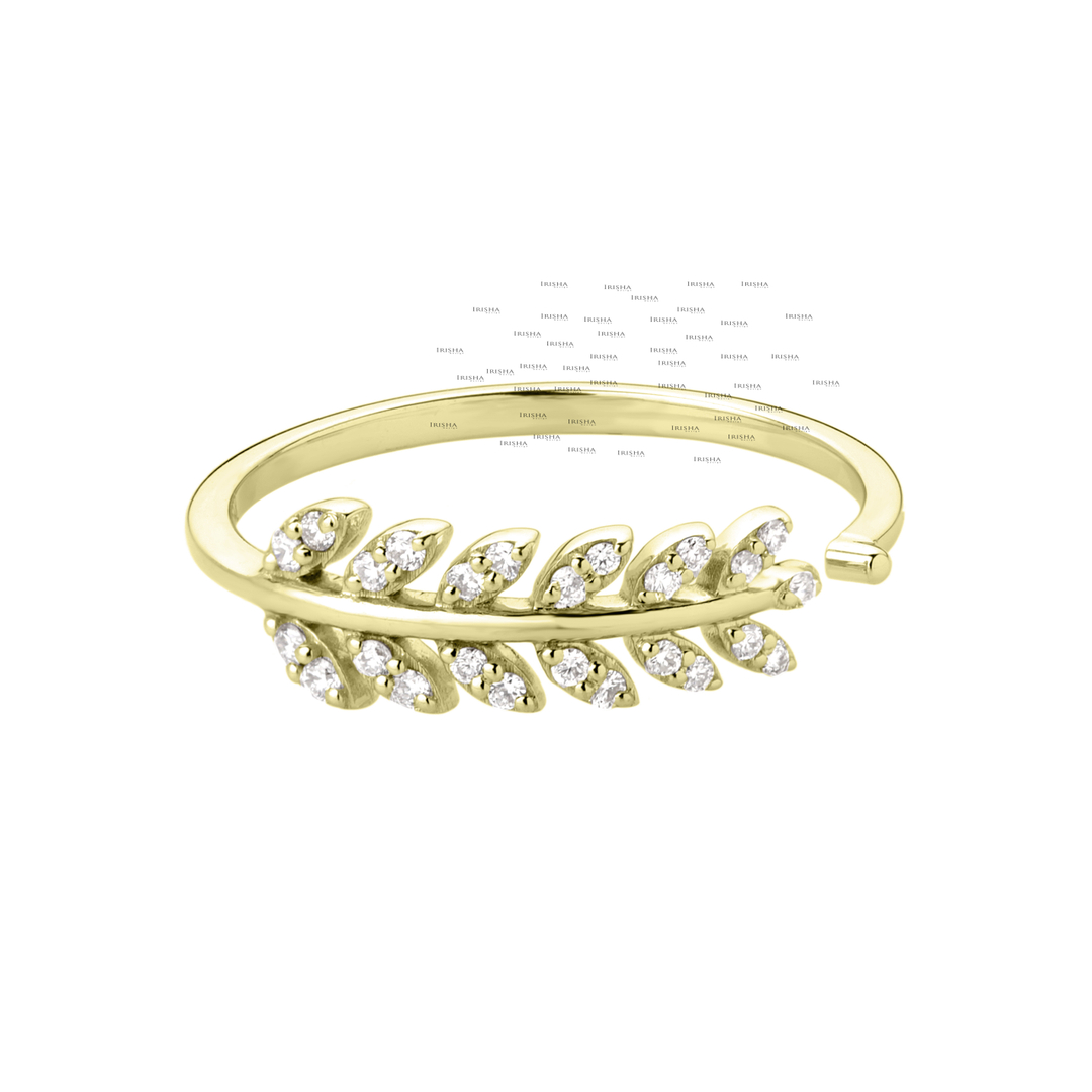14K Gold 0.13 Ct. Genuine Diamond Leaf Design Open Cuff Ring Fine Jewelry