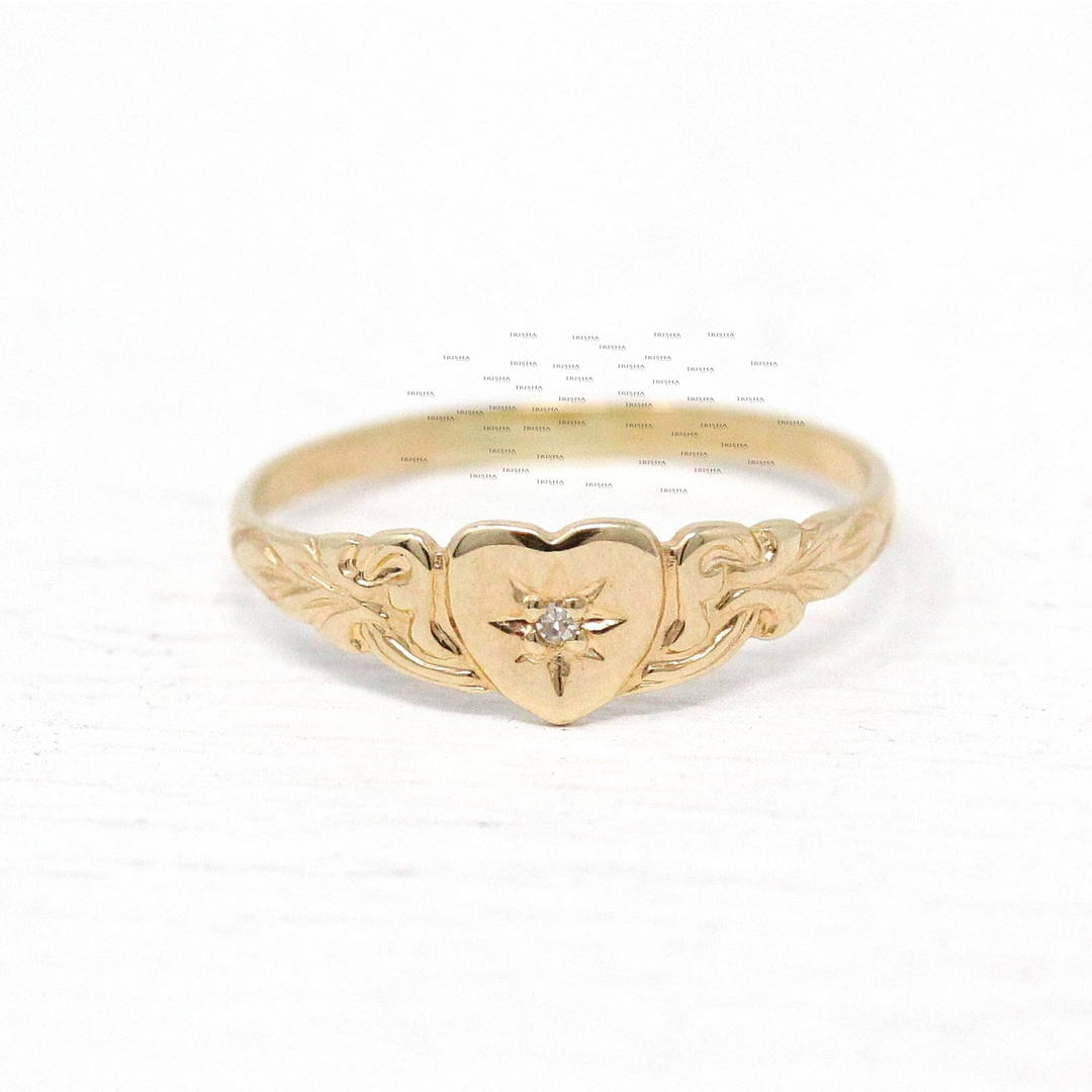 14K Gold 0.02 Ct. Genuine Diamond Love Heart Unique Band Ring Fine Jewelry