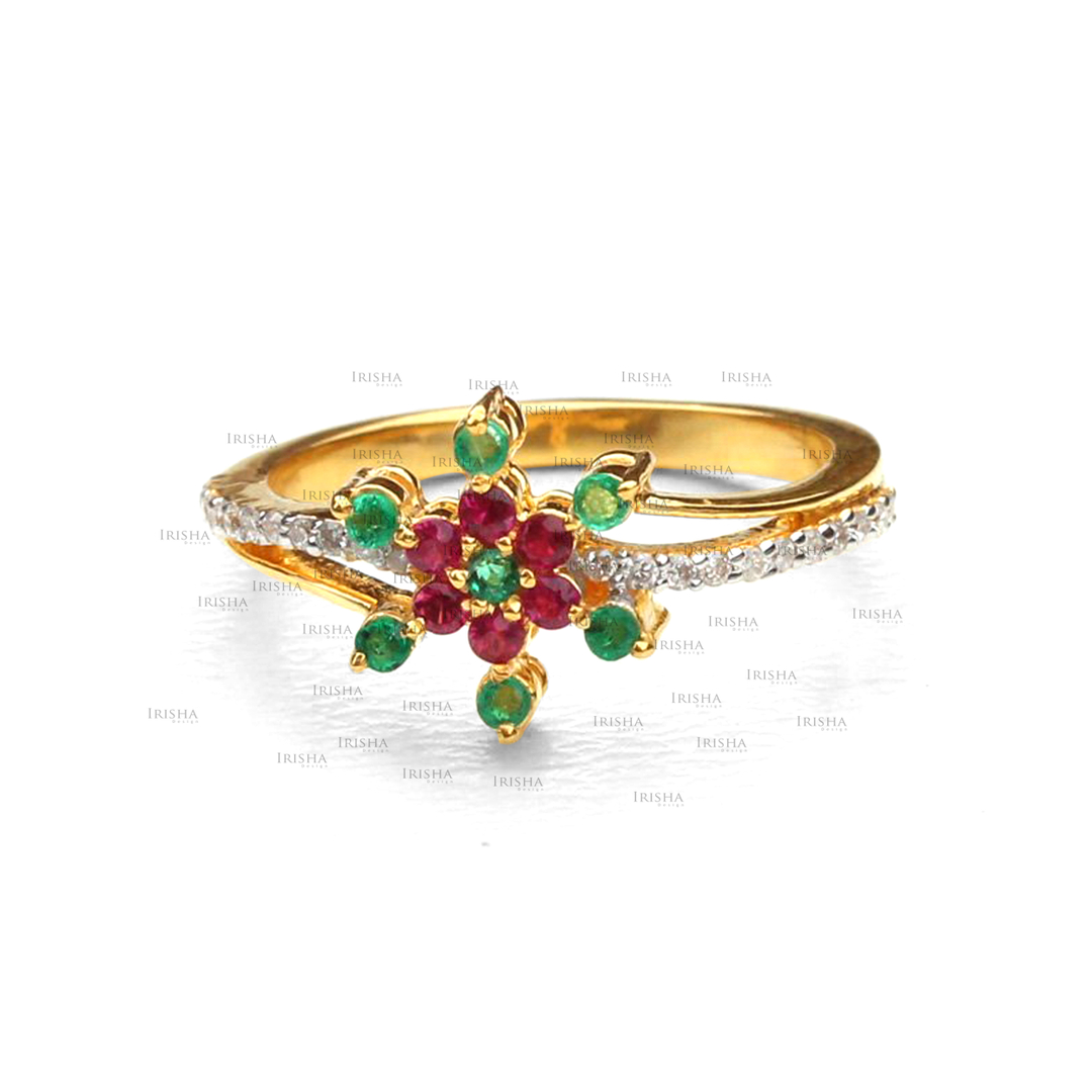 14K Gold Genuine Diamond Ruby Emerald Gemstone Floral Design Ring Fine Jewelry