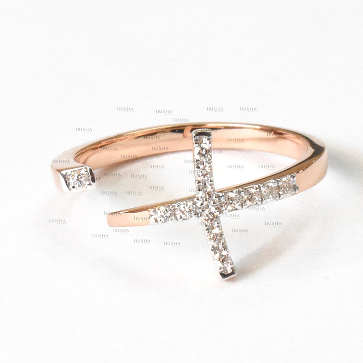14K Gold 0.09 Ct. Genuine Diamond Jesus Cross Design Open Cuff Ring Fine Jewelry