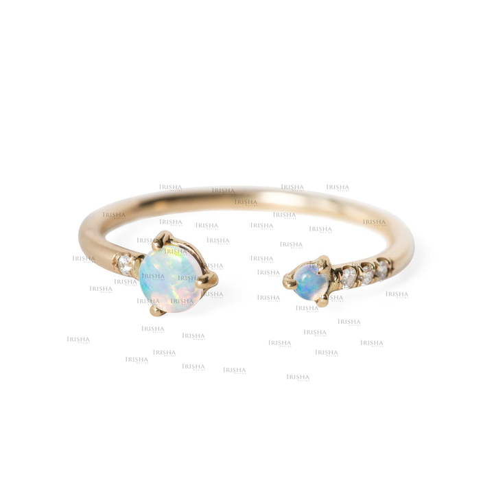 14K Gold Genuine Diamond And Opal Gemstone Open Cuff Birthday Ring Fine Jewelry