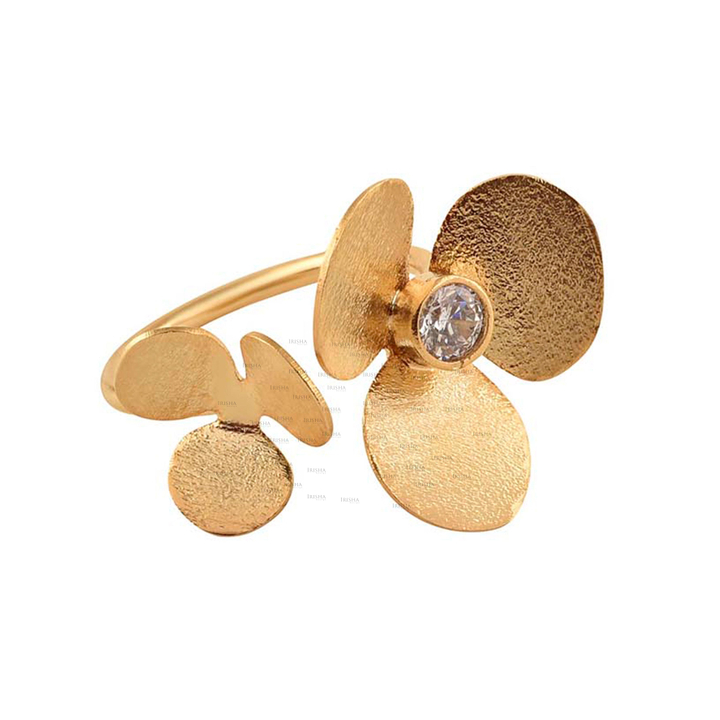 14K Gold 0.10 Ct. Genuine Diamond Twin Clover Floral Open Cuff Ring Fine Jewelry