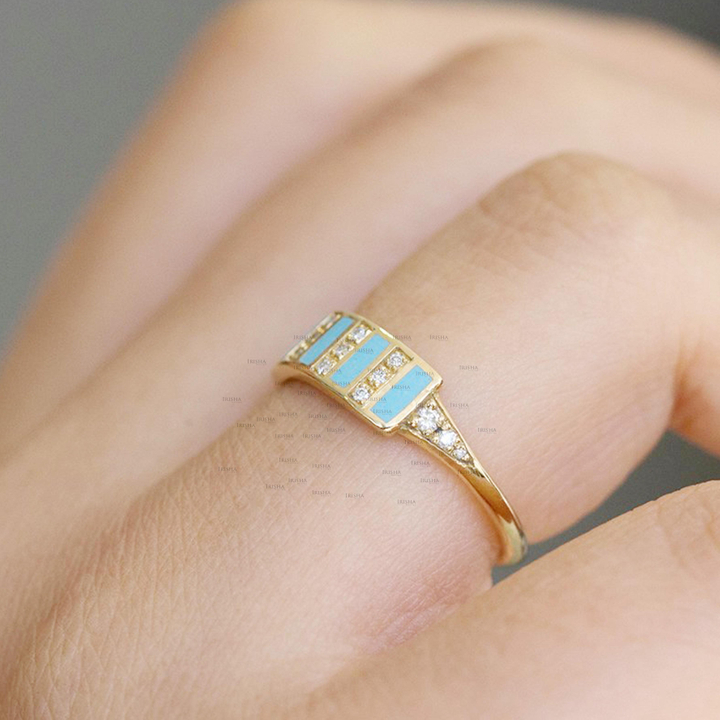 14K Gold Genuine Diamond And Turquoise Bar Ring Fine Jewelry Gift For Her
