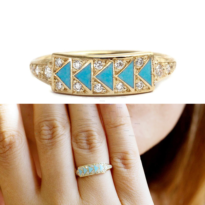 14K Gold Genuine Diamond And Turquoise Gemstone Ring Fine Jewelry Gift For Her