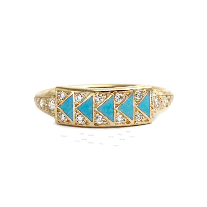 14K Gold Genuine Diamond And Turquoise Gemstone Ring Fine Jewelry Gift For Her