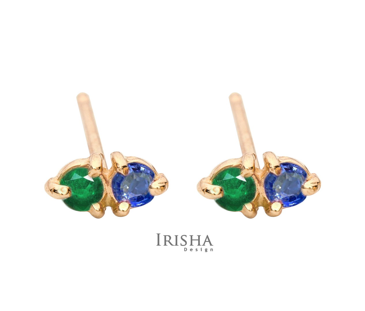 14K Gold Genuine Emerald-Blue Sapphire Gemstone Mini Studs Earrings Fine Jewelry