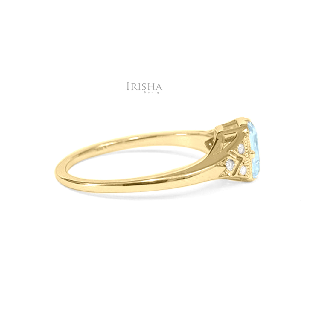 14K Gold Genuine Octagon Aquamarine Diamond Engagement Ring Fine Jewelry