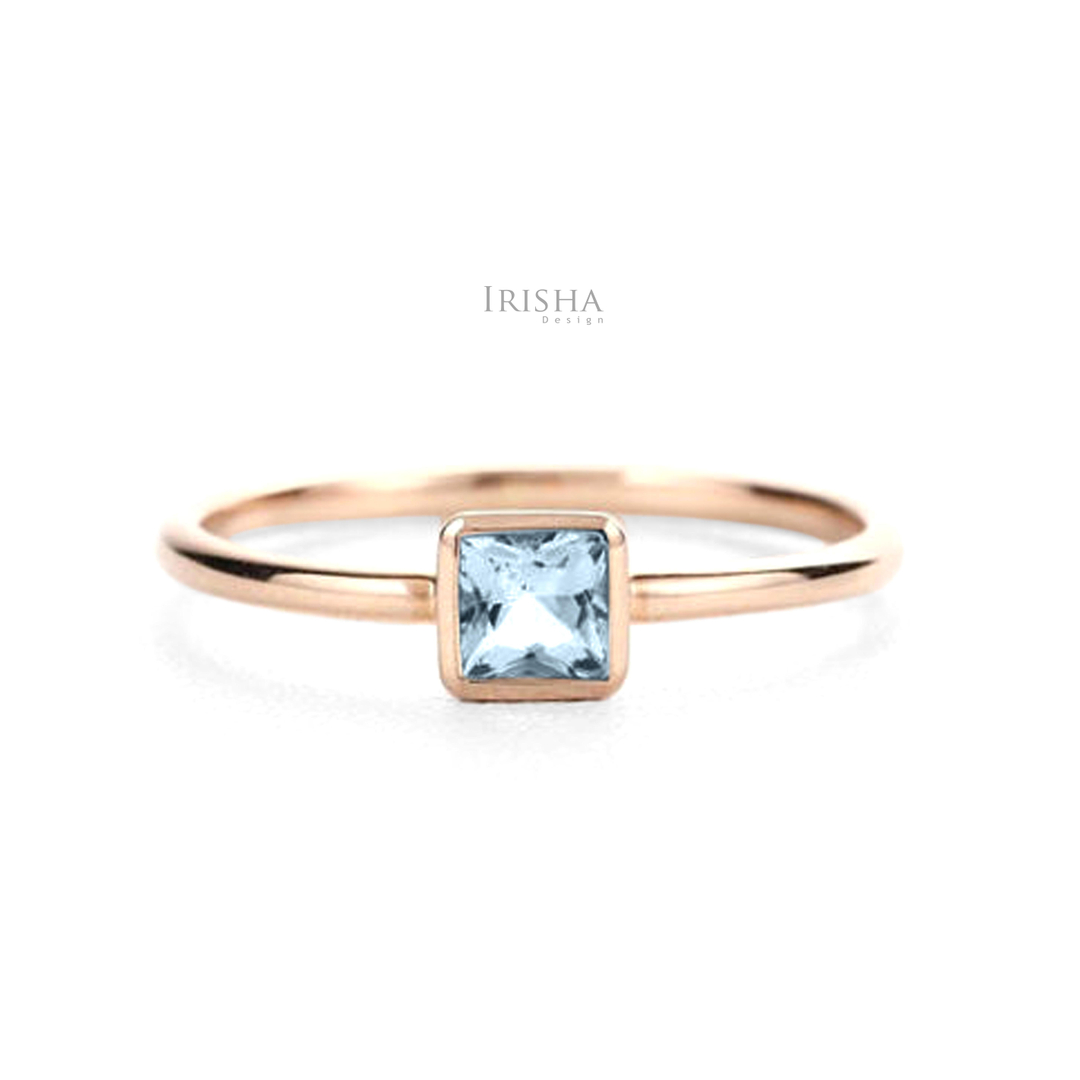 14K Solid 0.60 Ct. Genuine Square Shape Aquamarine Gemstone Mother's Day Ring