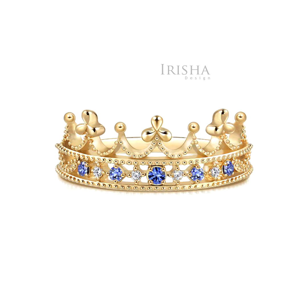 14K Gold Genuine Diamond - Blue Sapphire September Birthstone Crown Design Ring