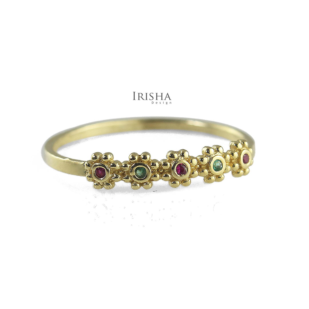 14K Gold Genuine Ruby And Emerald Gemstone Five Flower Design Ring Fine Jewelry