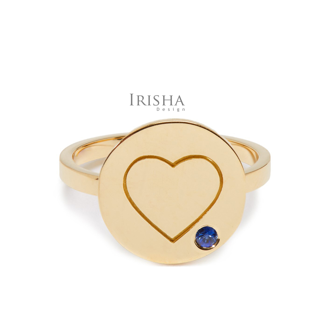 14K Gold 0.02 Ct. Genuine Blue Sapphire Engraved Heart Disc Ring Fine Jewelry