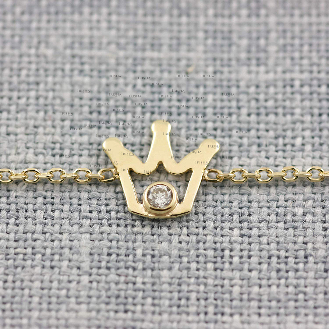14K Gold 0.03 Ct. Genuine Diamond Crown Design Chain Bracelet Fine Jewelry