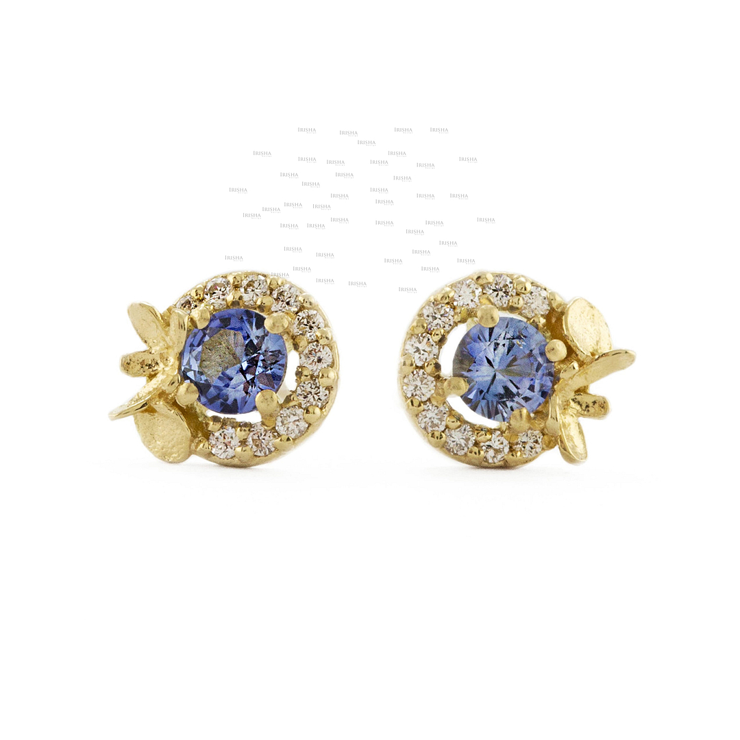 14K Gold Genuine Diamond And Blue Sapphire Gemstone Spring Halo Floral Earrings