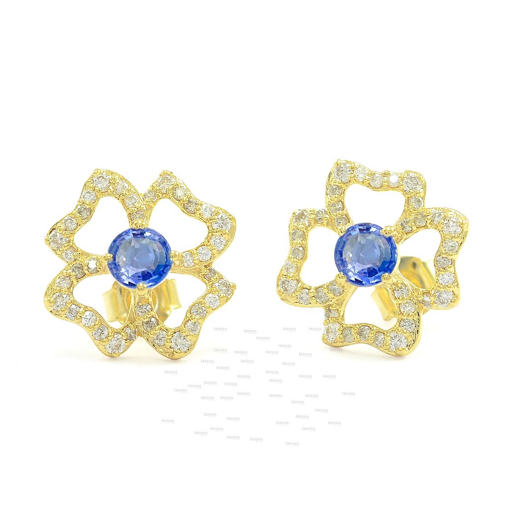 14K Gold Genuine Diamond And Blue Sapphire Gemstone Floral Earrings Fine Jewelry